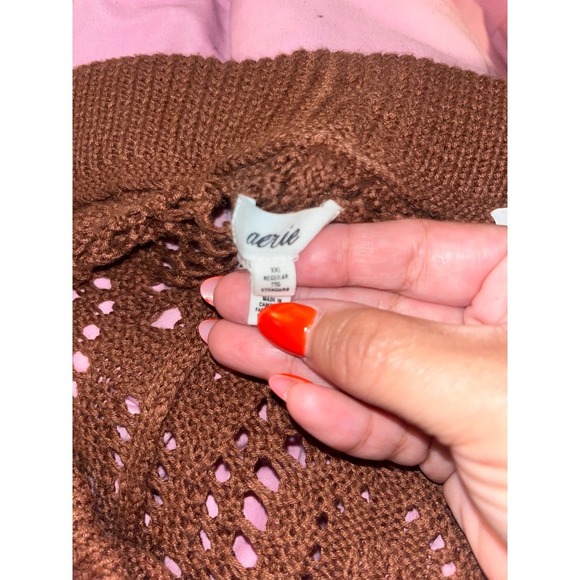 Aerie Crochet Knit Pants Brown Drawstring Waist Flare Leg Boho Festival XXL - Picture 5 of 5